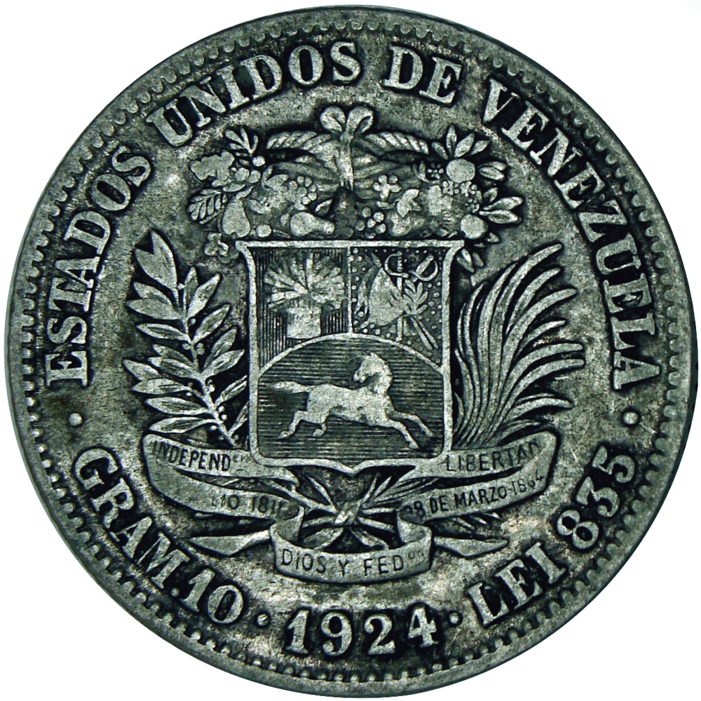 Moneda de Plata 2 Bolívares 1924 Fecha Ancha - Numisfila