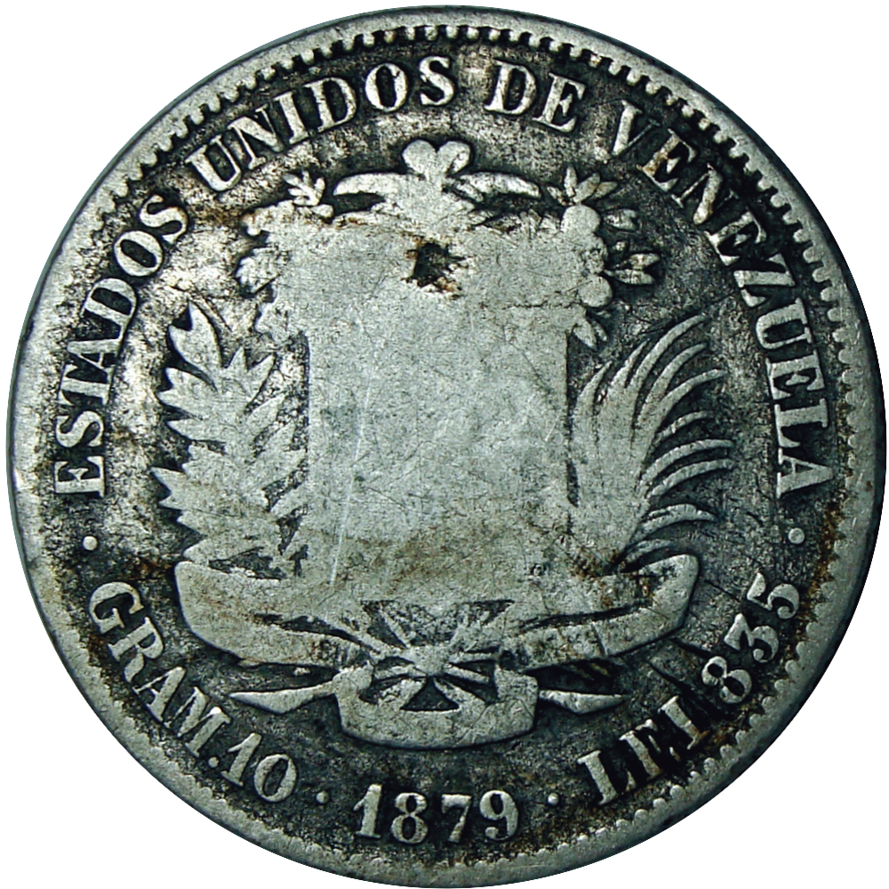 Difícil Moneda 2 Bolívares 1879 1er año de la denominación - Numisfila