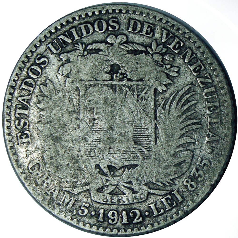 Moneda de Plata 1 Bolivar 1912 Fecha Ancha - Numisfila