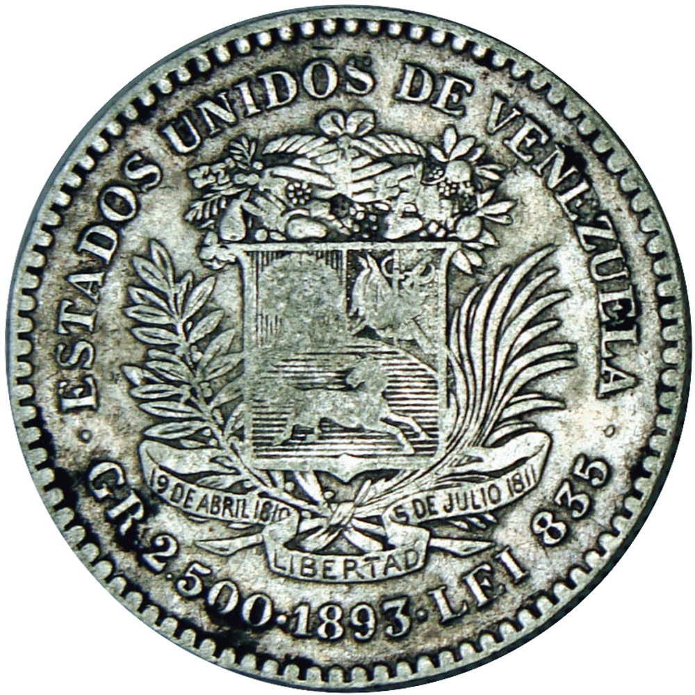 50 Céntimos 1893 Moneda de Plata ½ Bolívar - Real - Numisfila
