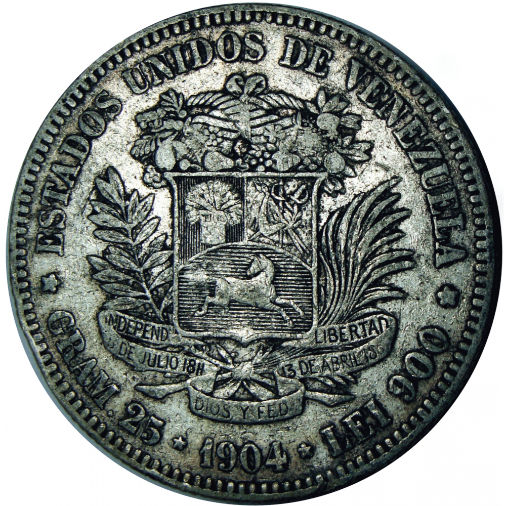 Moneda de Plata 5 Bolívares - Difícil Fuerte 1904  - Numisfila
