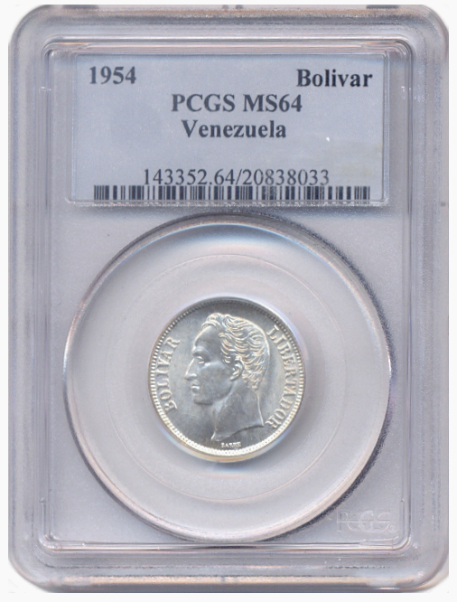 Moneda de Plata 1 Bolívar 1954 PCGS MS 64  - Numisfila