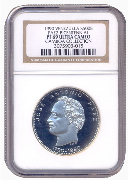 Moneda 500 Bolívares Páez 1990 NGC PF 69 Ultra Cameo  - Numisfila