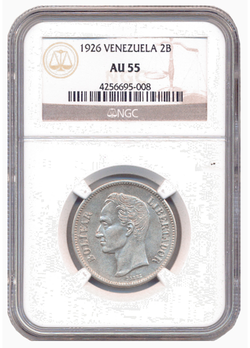 Excelente Moneda de Plata 2 Bolívares 1926 NGC AU 55 - Numisfila