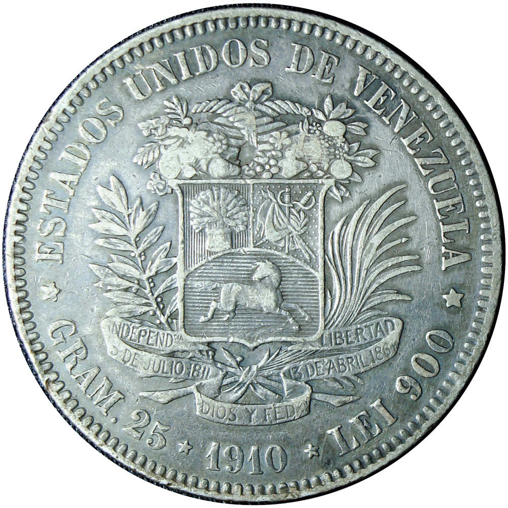 Fuerte Moneda de Plata 5 Bolívares 1910 Cero Ovalado - Numisfila