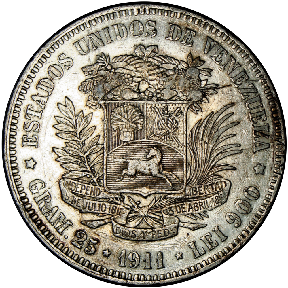 Moneda de Plata Fuerte 5 Bolívares 1911 Fecha Ancha - Numisfila