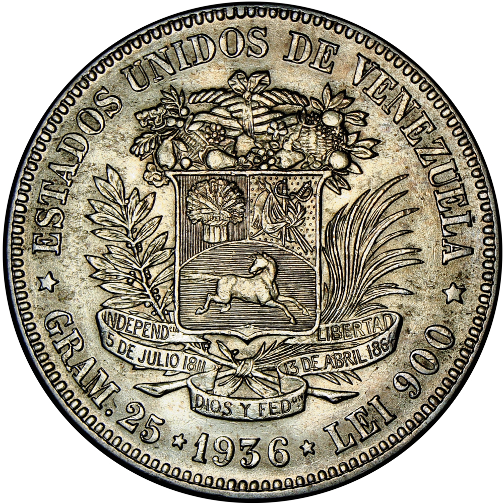 Moneda de Plata 5 Bolívares Fuerte 1936 Fecha Ancha - Numisfila