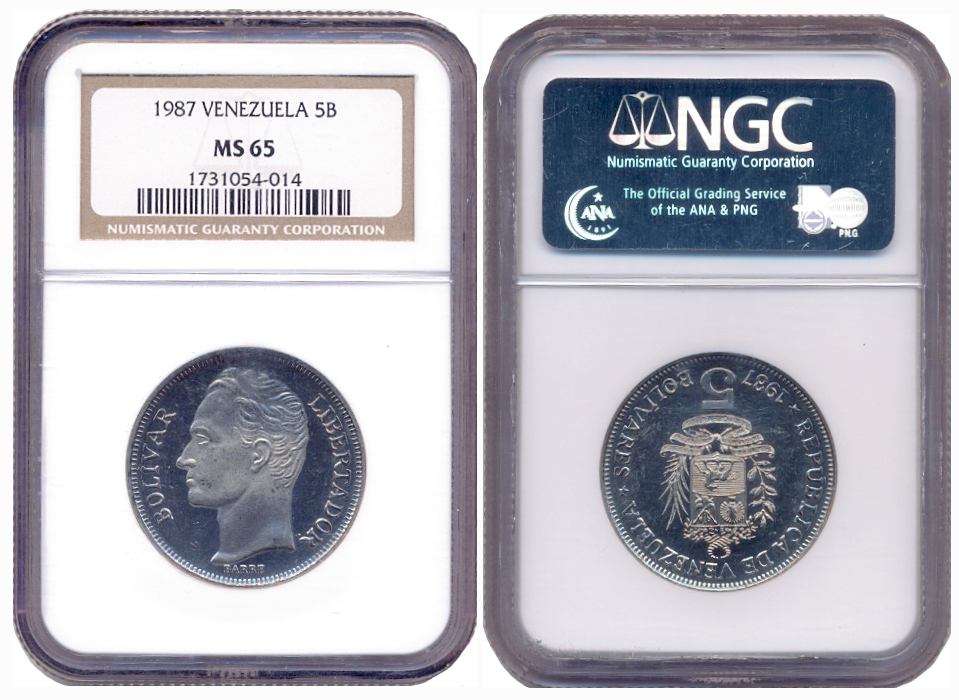 Moneda 5 Bolívares 1987 NGC MS 65 Fuerte de Níquel - Numisfila