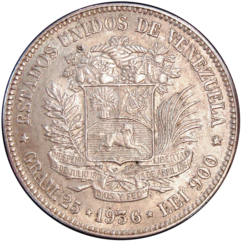 Fuerte Moneda de Plata 5 Bolívares 1936 Fecha Ancha - Numisfila