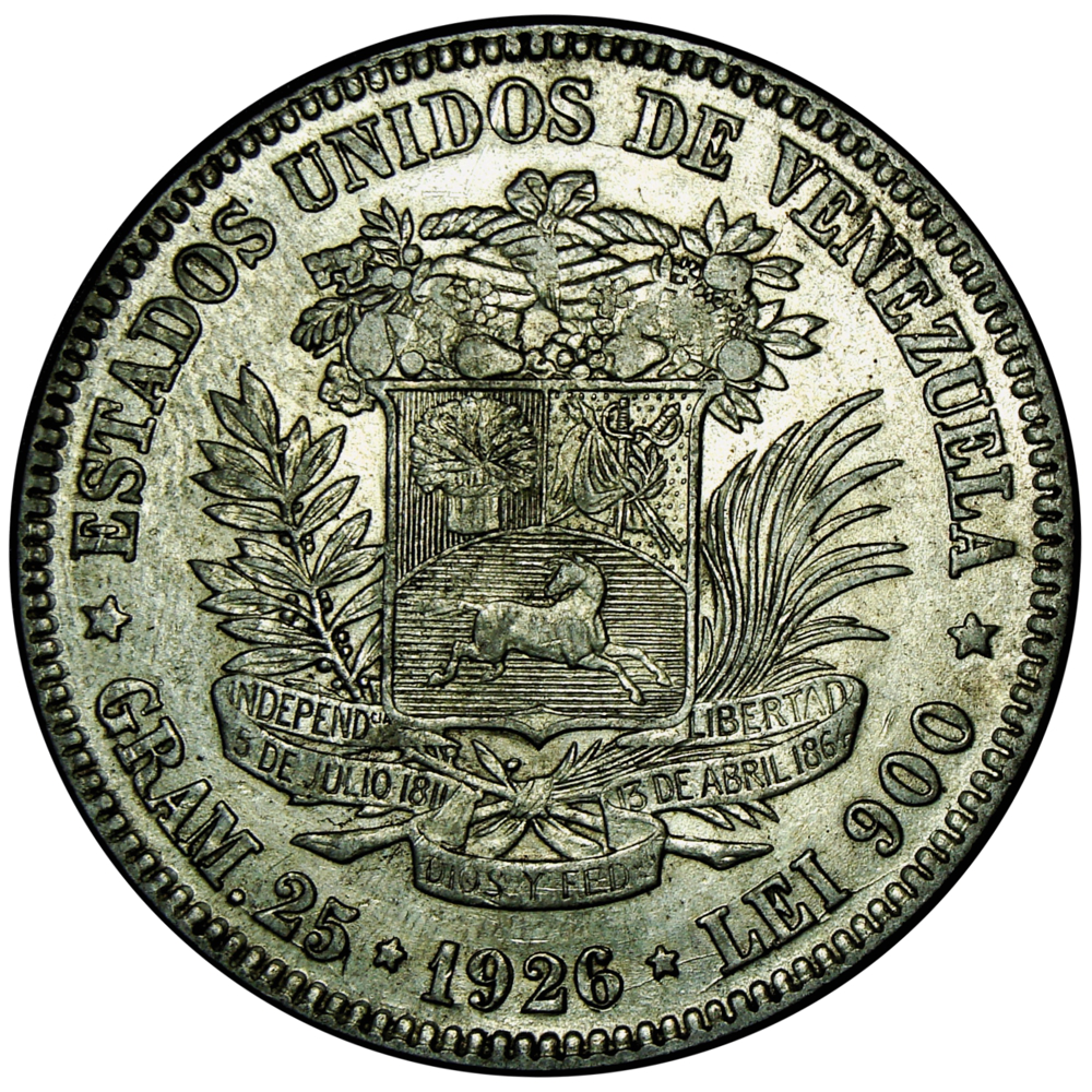 Fuerte Moneda de Plata 5 Bolívares 1926 Fecha Normal - Numisfila