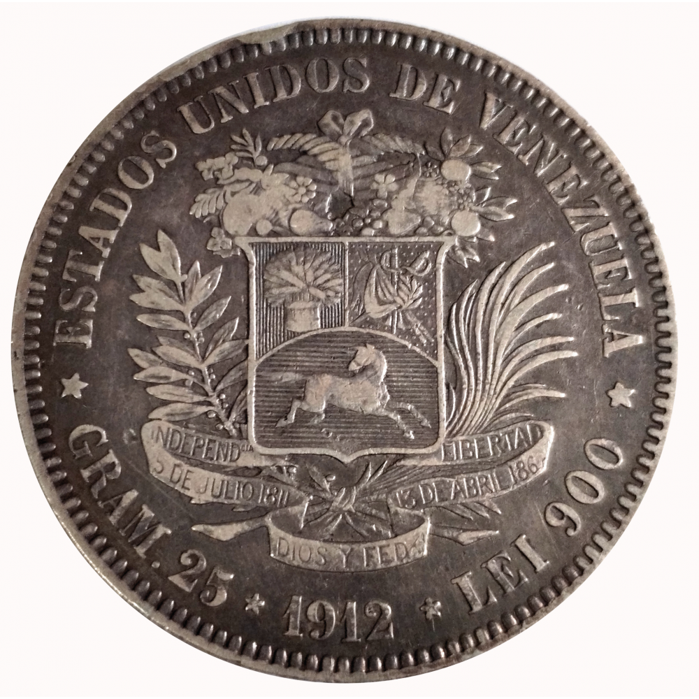 Fuerte Moneda de Plata 5 Bolívares 1912 Fecha Angosta - Numisfila