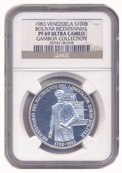 Moneda de Plata 100 Bolívares 1983 NGC PF 69 Bicentenario Simón Bolívar  - Numisfila