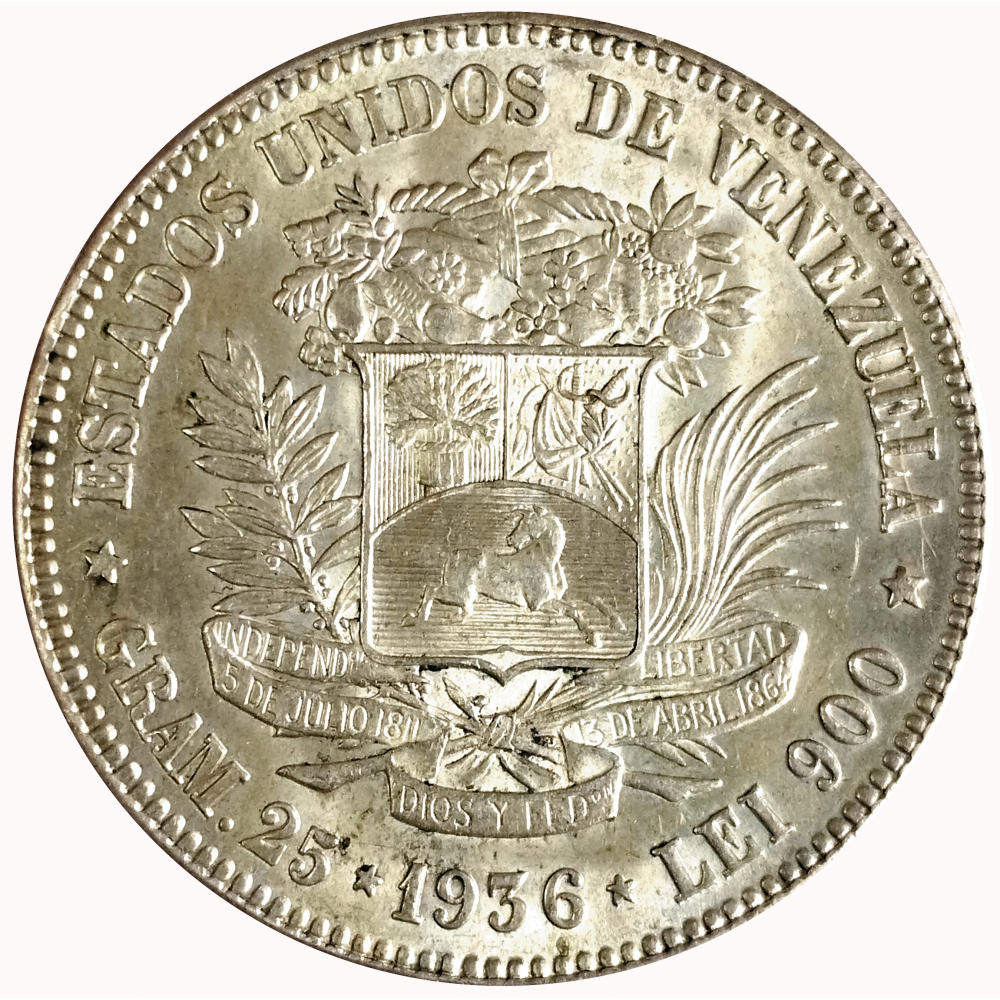 Fuerte Moneda de Plata 5 Bolívares 1936  - Numisfila
