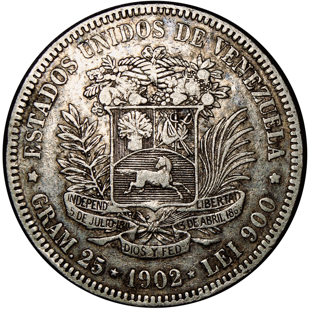 Fuerte Moneda 5 Bolívares de Plata 1902 Fecha Ancha - Numisfila