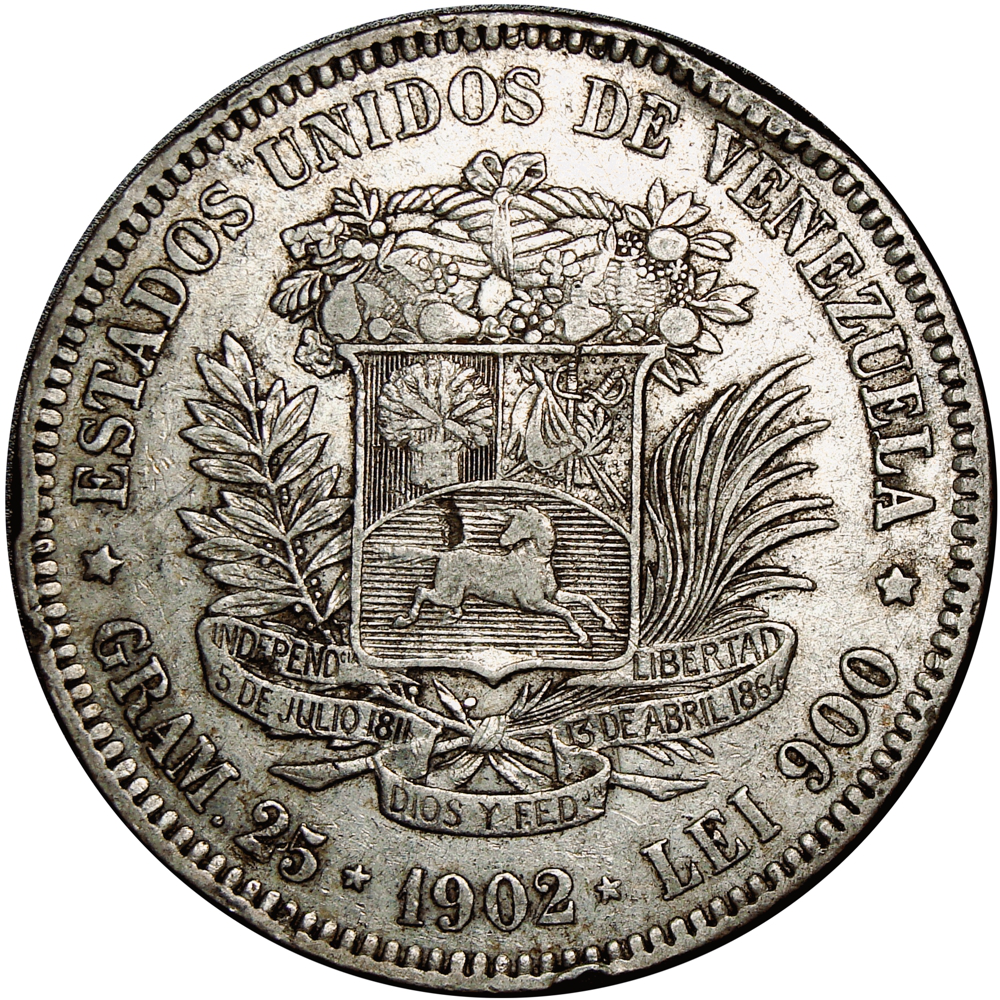 Fuerte Moneda de Plata 5 Bolívares 1902 Fecha Angosta - Numisfila