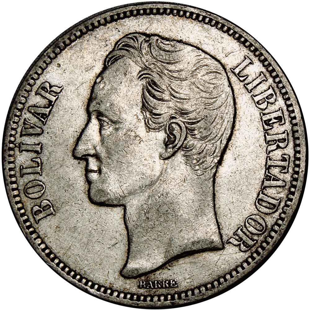 Fuerte Moneda de Plata 5 Bolívares 1902 Fecha Angosta  - Numisfila