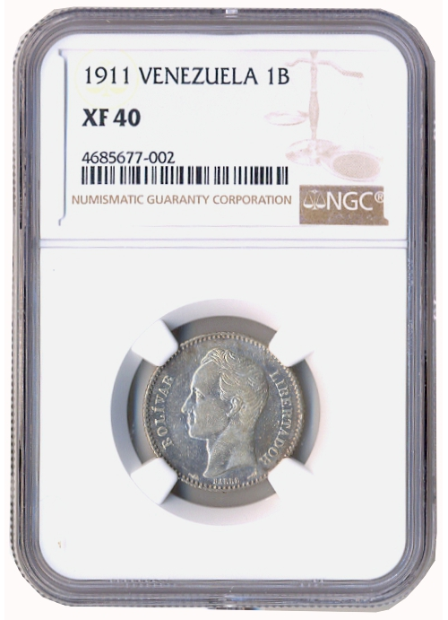 Moneda de Plata 1 Bolívar 1911 - 1er 1 y 9 Cercanos NGC XF 40 - Numisfila