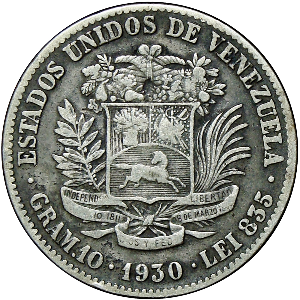 Venezuela Moneda de Plata 2 Bolívares Difícil 1930 - Numisfila