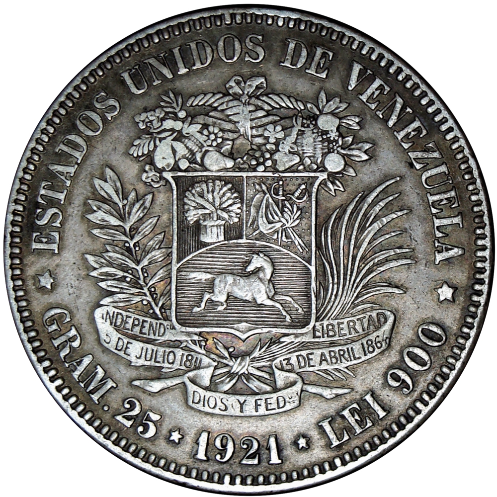 Fuerte Moneda de Plata 5 Bolívares 1921 Fecha Ancha - Numisfila