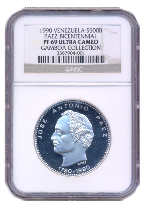Moneda 500 Bolívares Páez 1990 NGC PF 69 Ultra Cameo  - Numisfila