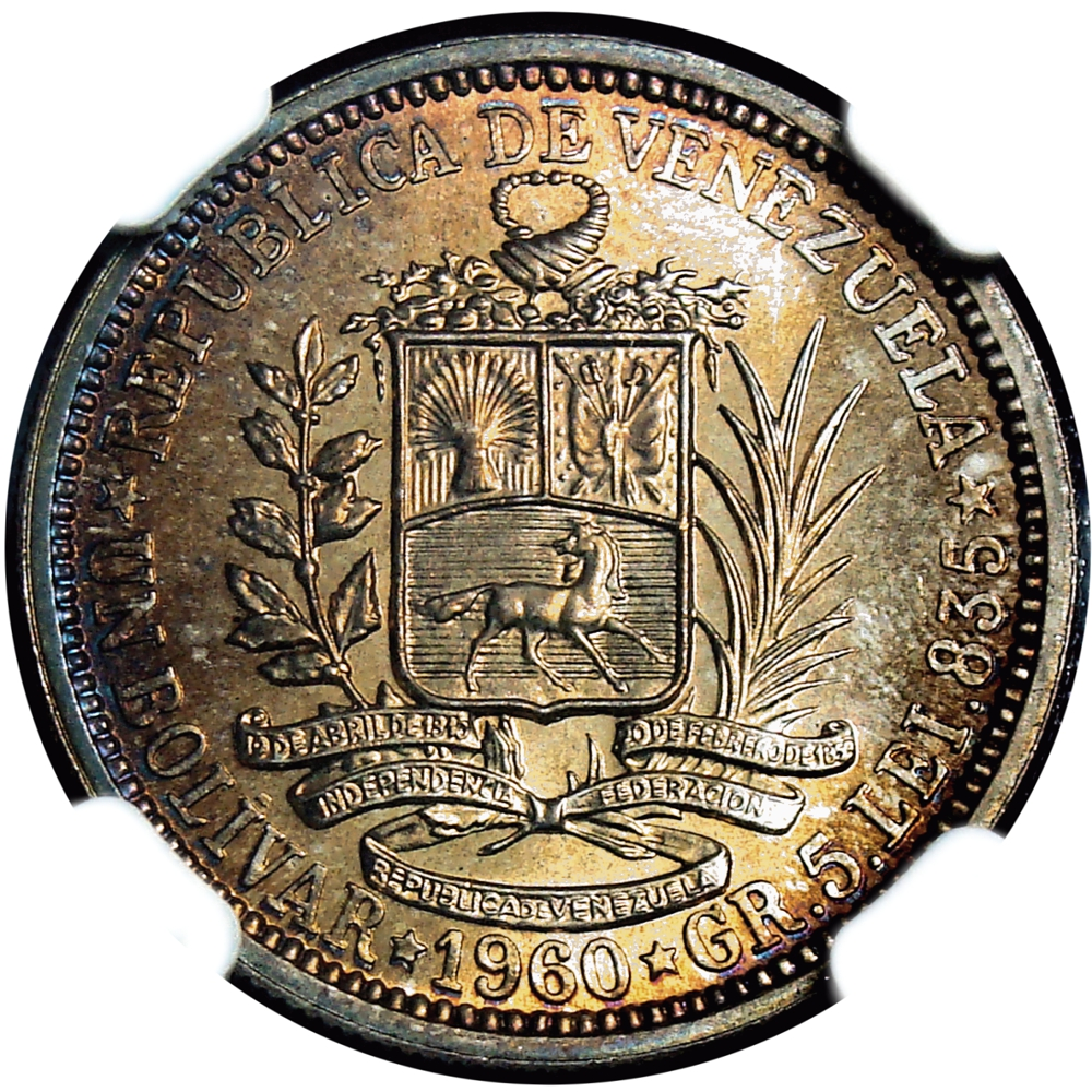 Moneda de Plata 1 Bolívar 1960 Increíble NGC MS 66 Letras Finas  - Numisfila