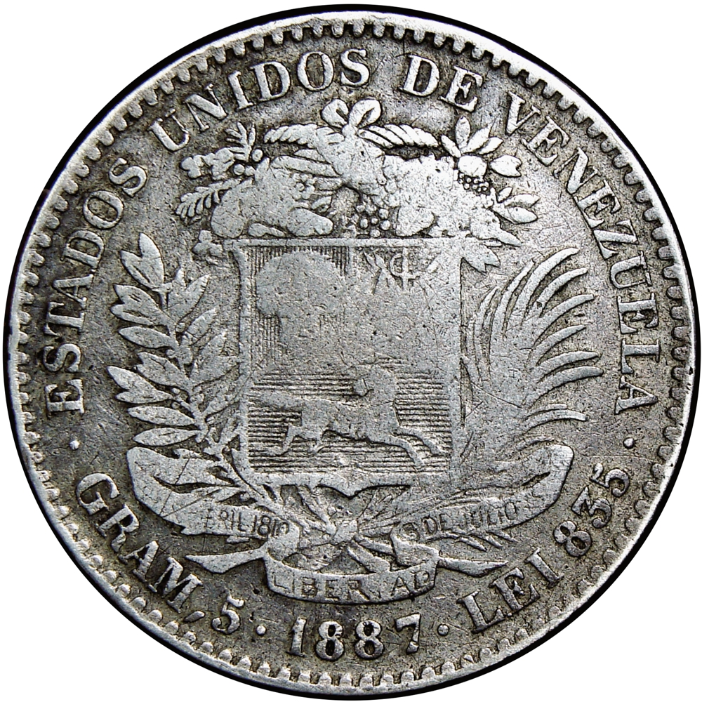 Complicada Moneda de Plata Un Bolívar 1887 - Numisfila