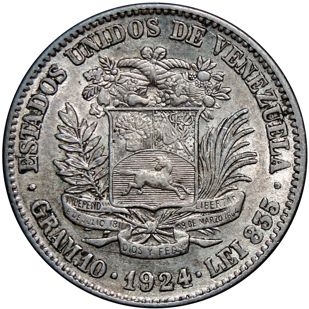 Excelente Moneda de Plata 2 Bolívares 1924 Fecha Ancha 4 Alto - Numisfila