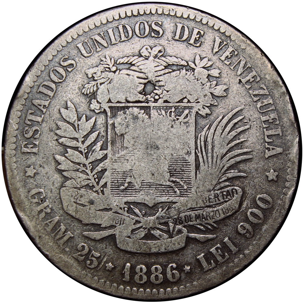 Fuerte Moneda de Plata 5 Bolívares 1886 Fecha Normal - Numisfila