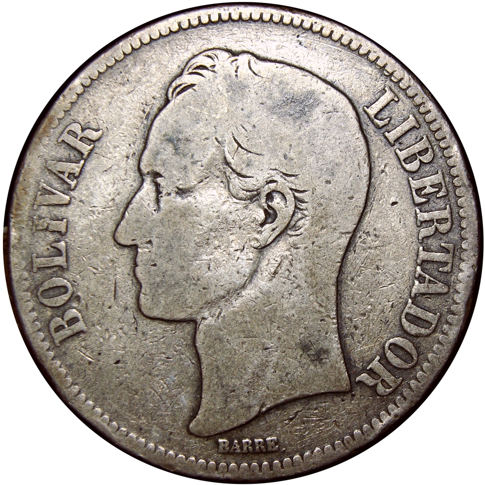 Fuerte Moneda de Plata 5 Bolívares 1886 Fecha Normal  - Numisfila
