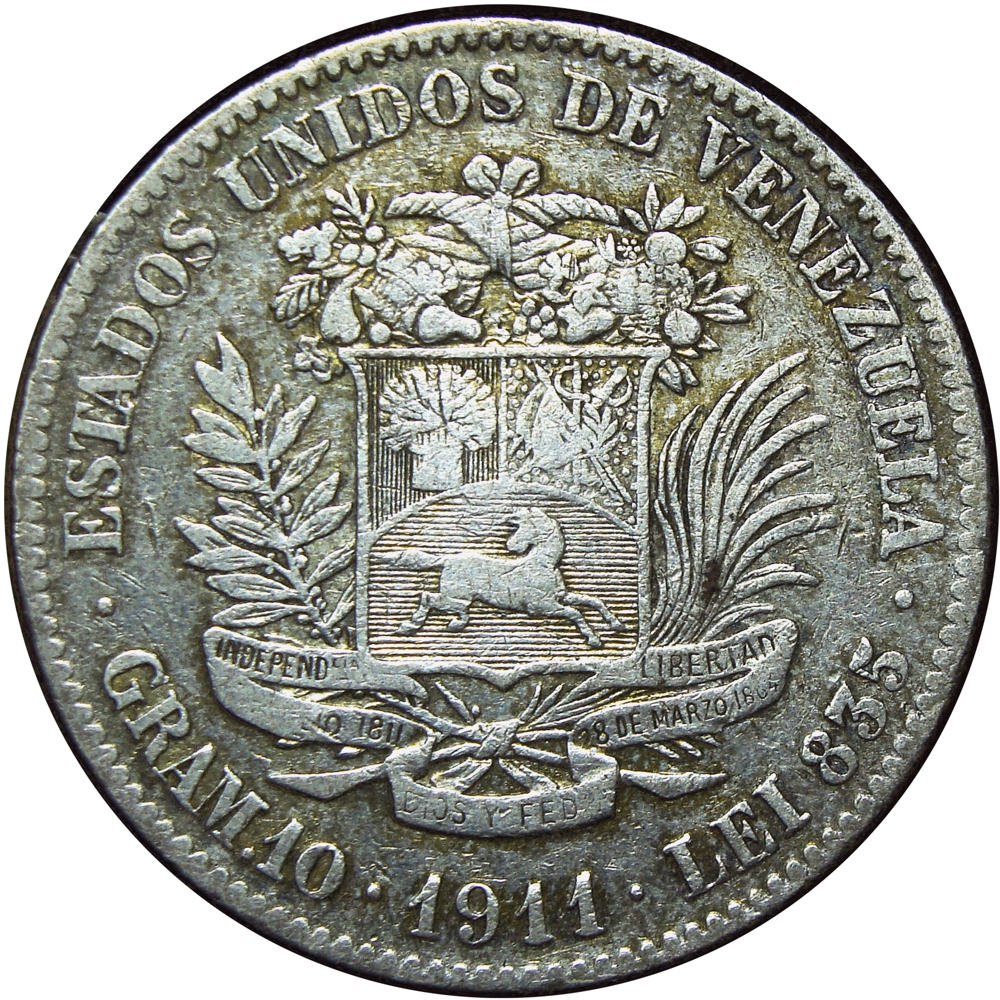 Moneda de Plata 2 Bolívares 1911 Último 1 Alto - Numisfila