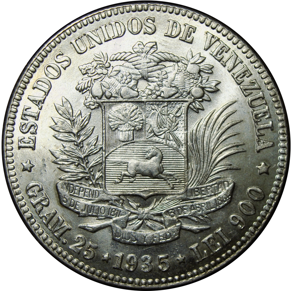 Hermoso Fuerte Moneda de Plata 5 Bolívares 1935 - Numisfila