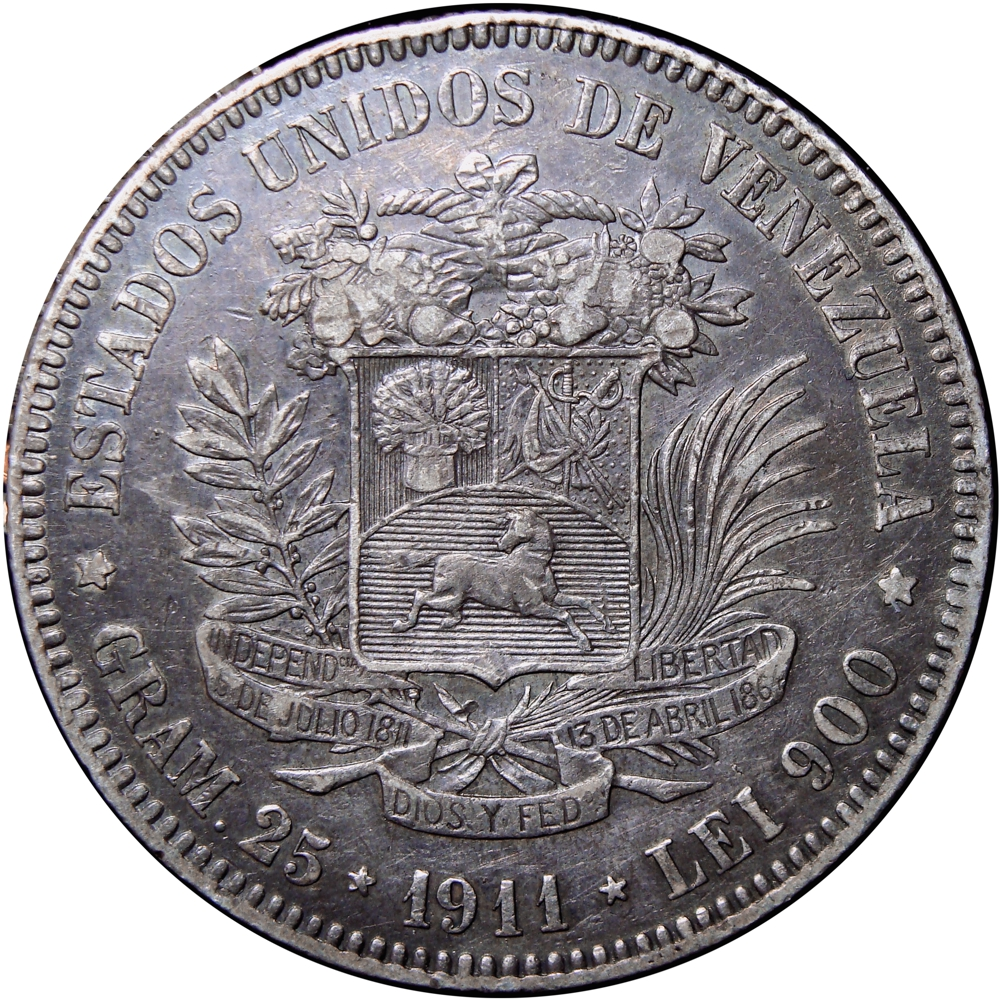 Fuerte Moneda de Plata 5 Bolívares 1911 Fecha Ancha - Numisfila