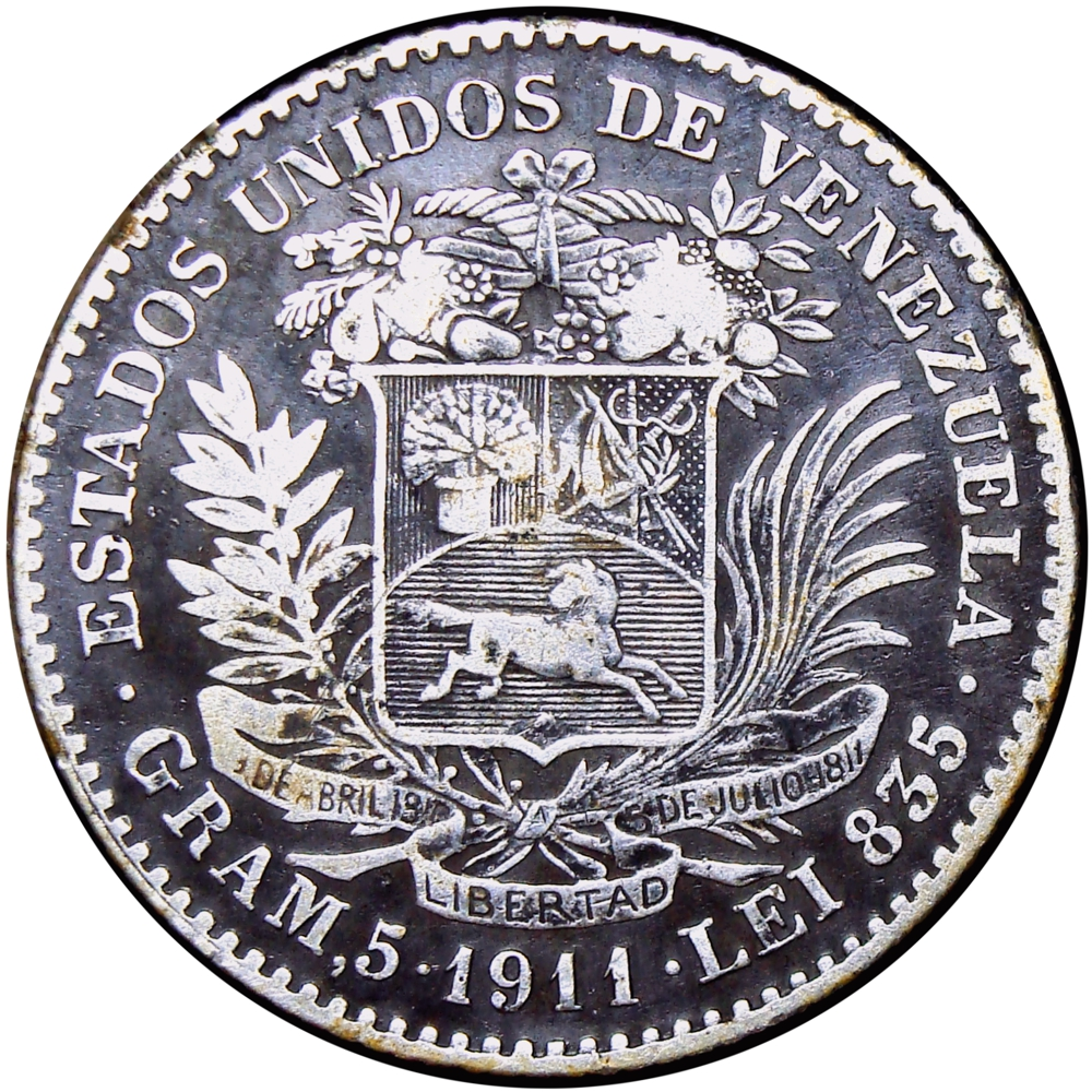 Moneda de Plata 1 Bolívar 1911 - 1er 1 y 9 Cercanos - Numisfila
