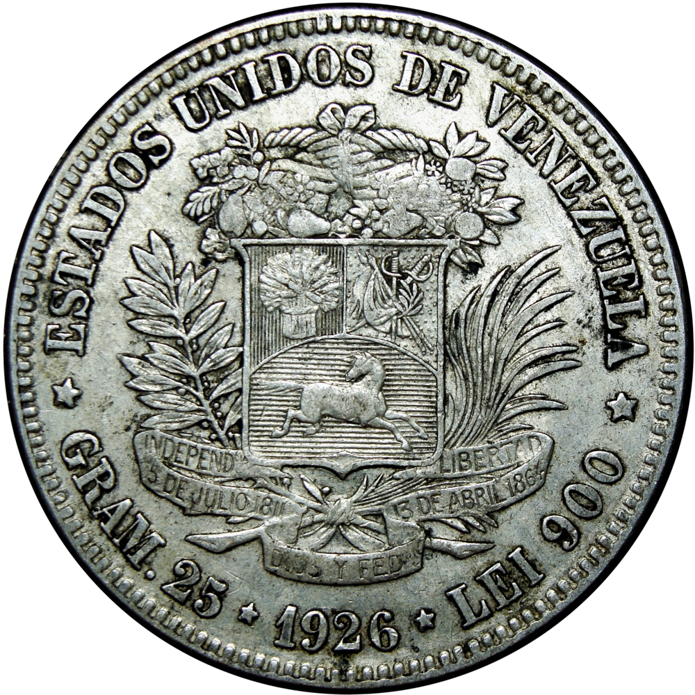 Fuerte Moneda de Plata 5 Bolívares 1926  - Numisfila
