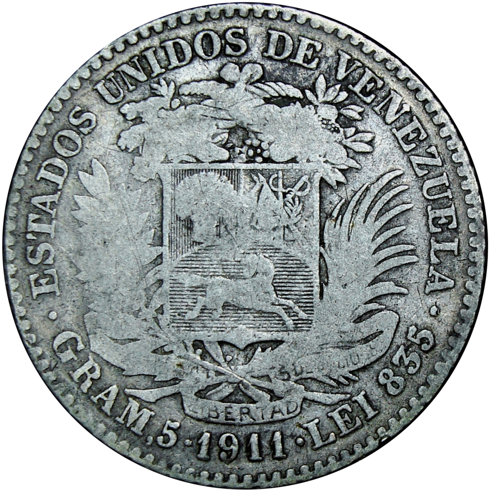 Moneda de Plata 1 Bolívar 1911 - 1er 1 y 9 Cercanos - Numisfila