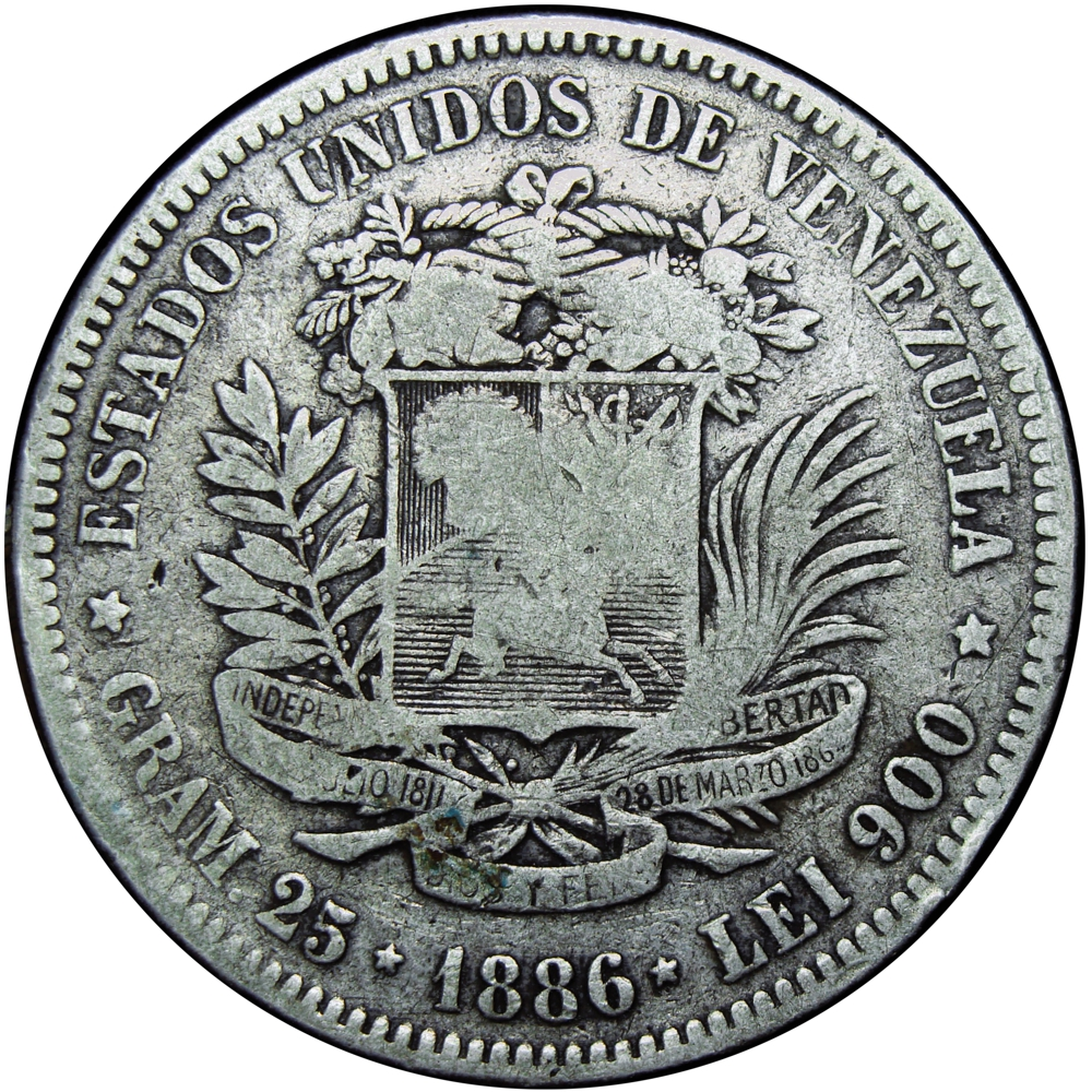 Fuerte Moneda de Plata 5 Bolívares 1886 2do "8" Bajo - Numisfila
