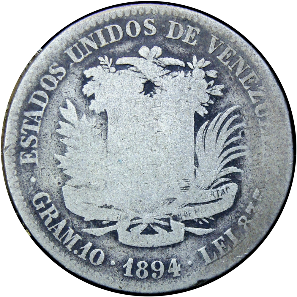 Difícil Moneda de Plata 2 Bolívares 1894 - Numisfila