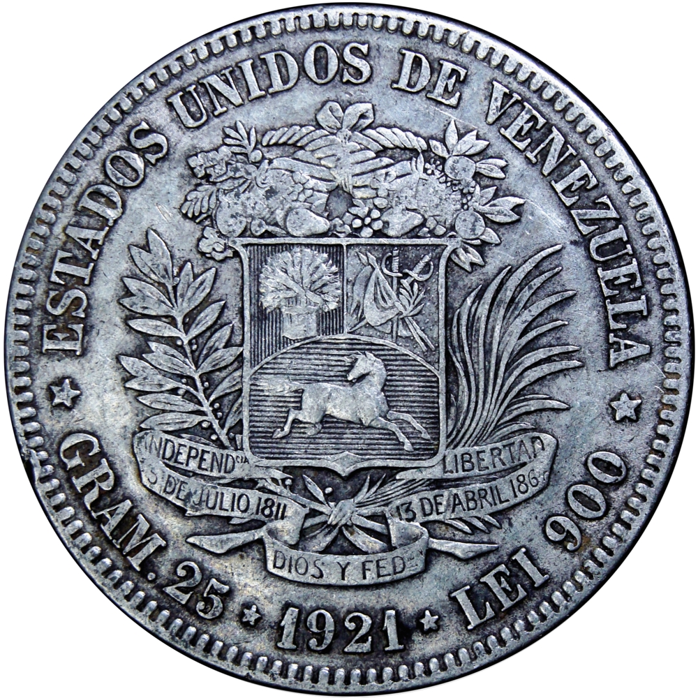 Fuerte Moneda de Plata 5 Bolívares 1921 Fecha Ancha - Numisfila