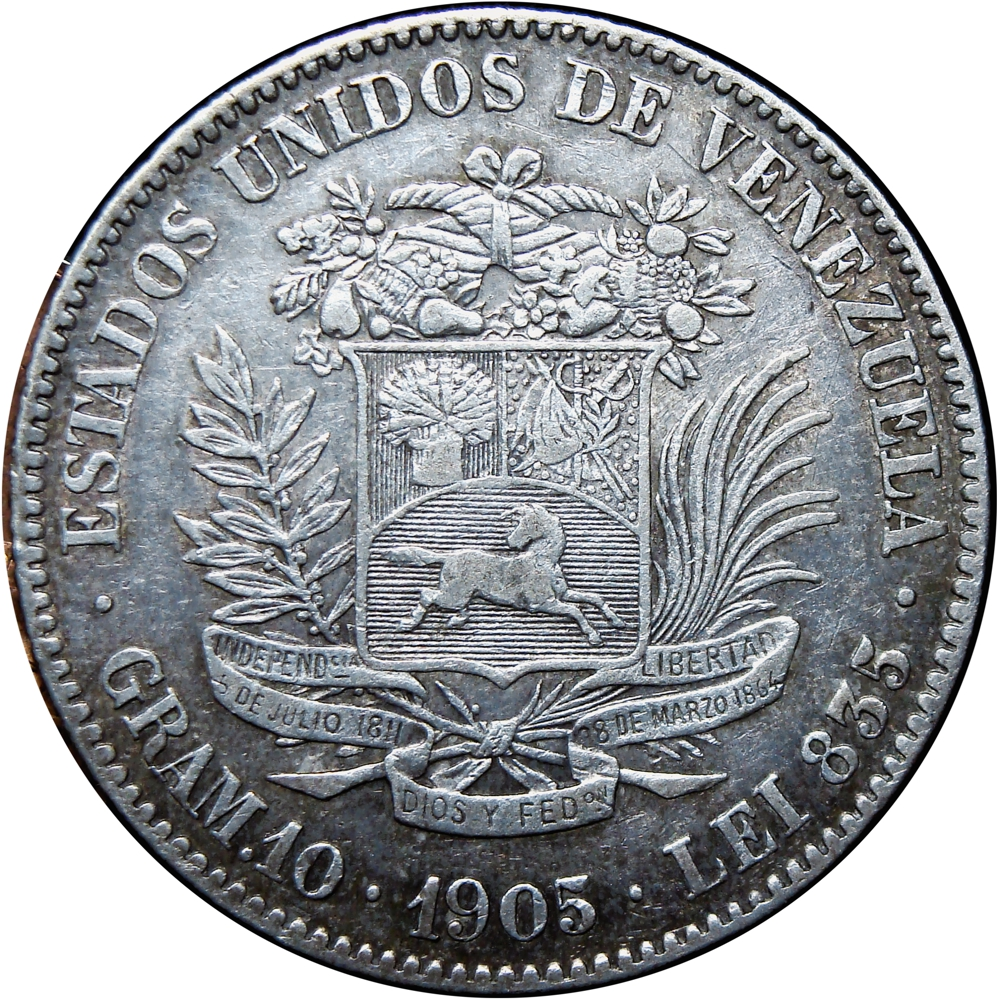 Moneda de Plata 2 Bolívares 1905 Variante 5 Vertical - Numisfila