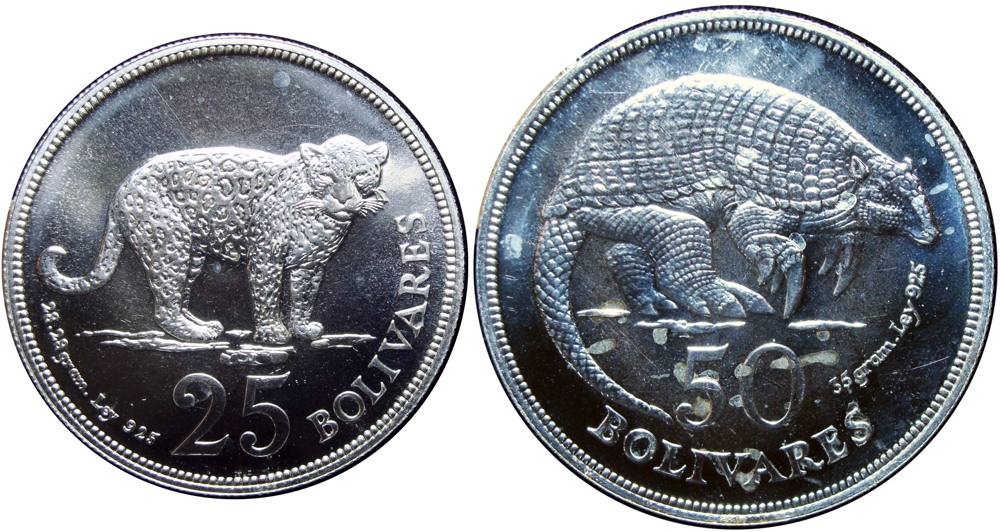 Cachicamo y Jaguar 1975 Monedas 50 y 25 Bolívares Pareja de Fauna  - Numisfila