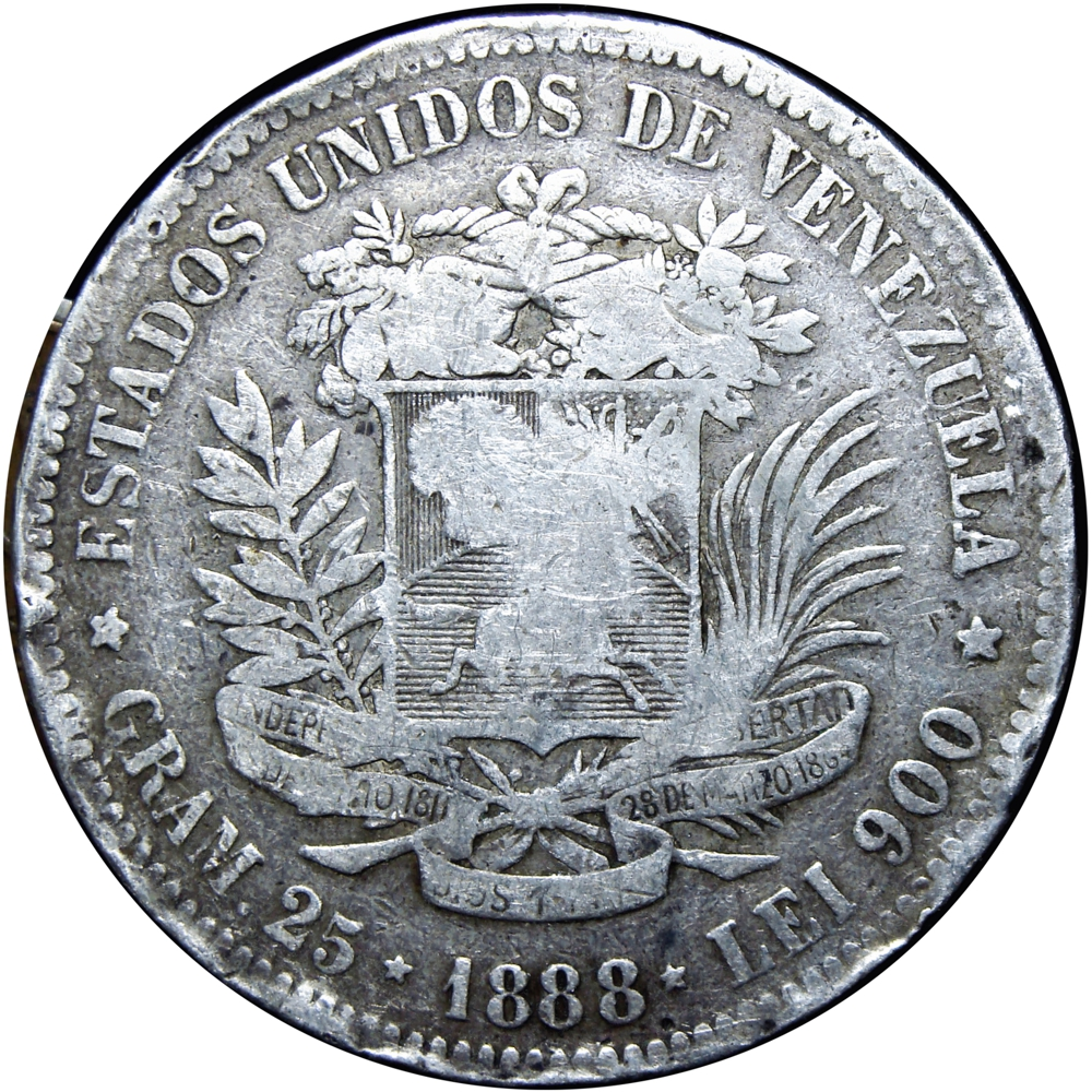 Fuerte de Plata Moneda 5 Bolivares 1888 2do 8 Alto - Numisfila