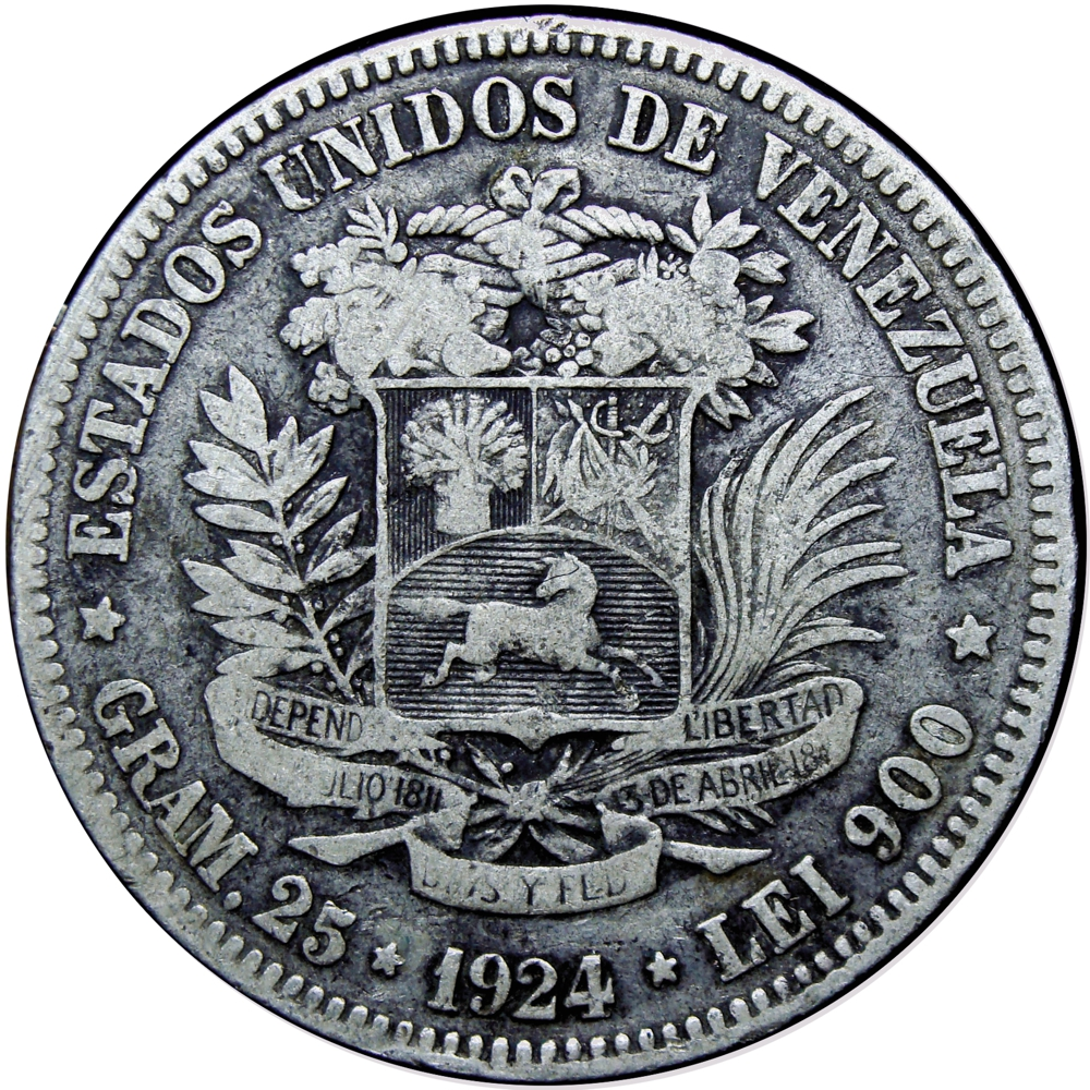 Fuerte Moneda de Plata 5 Bolívares 1924 Fecha Ancha - Numisfila