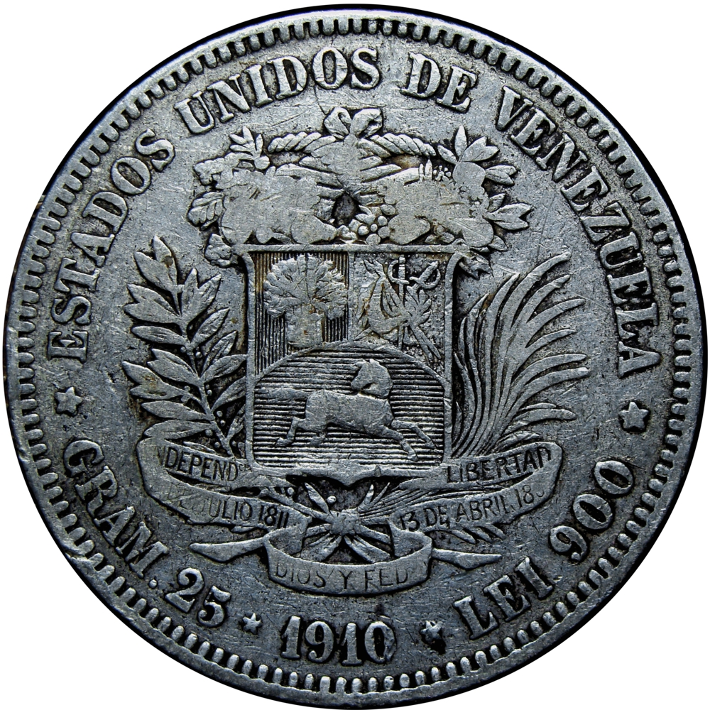 Fuerte Moneda de Plata 5 Bolívares 1910 Variante Cero "0" Ovalado - Numisfila
