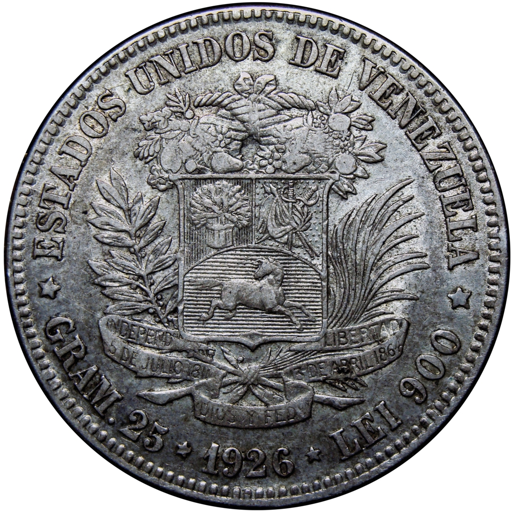 Fuerte Moneda de Plata 5 Bolívares 1926 Fecha Normal - Numisfila
