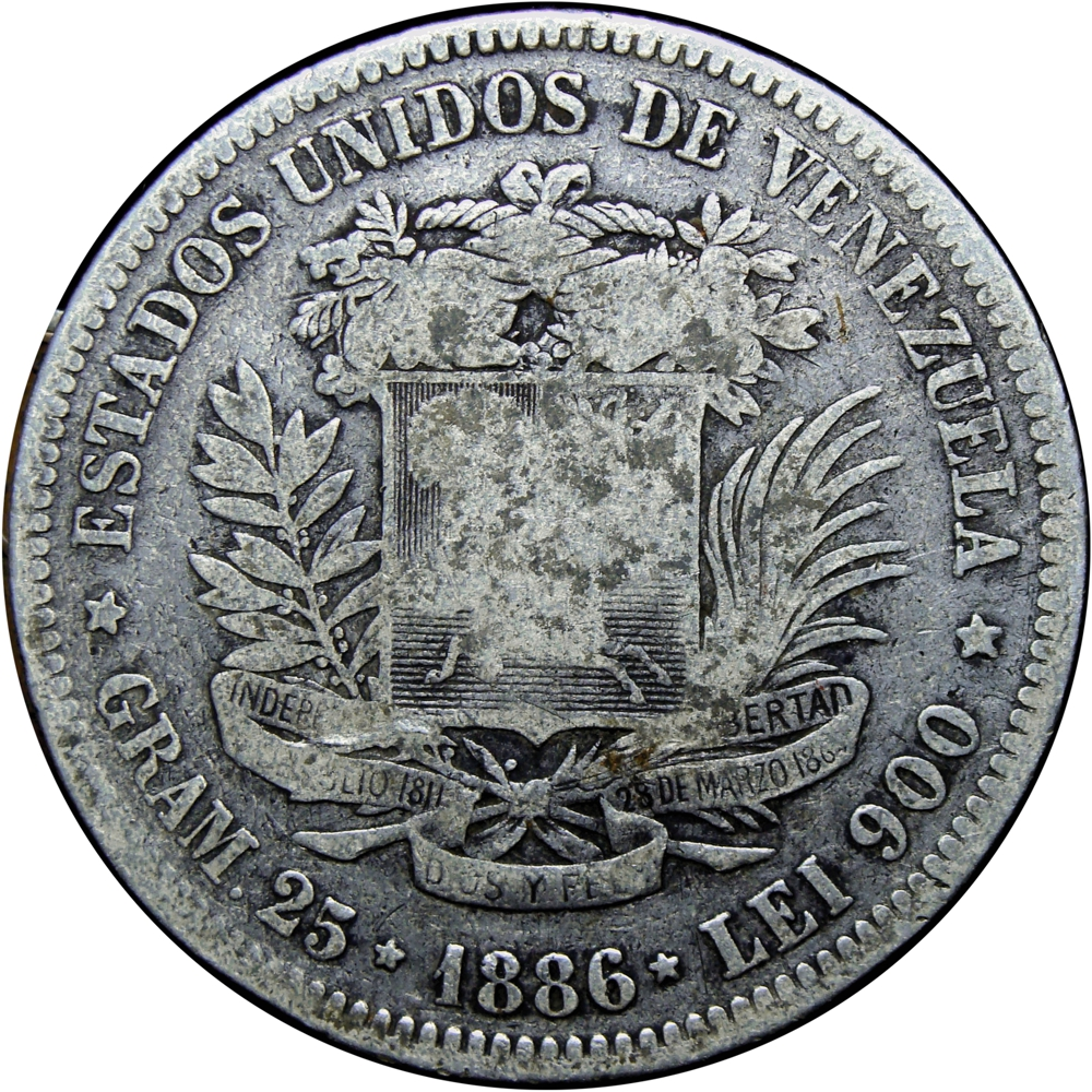 Fuerte Moneda de Plata 5 Bolívares 1886 2do "8" Bajo - Numisfila