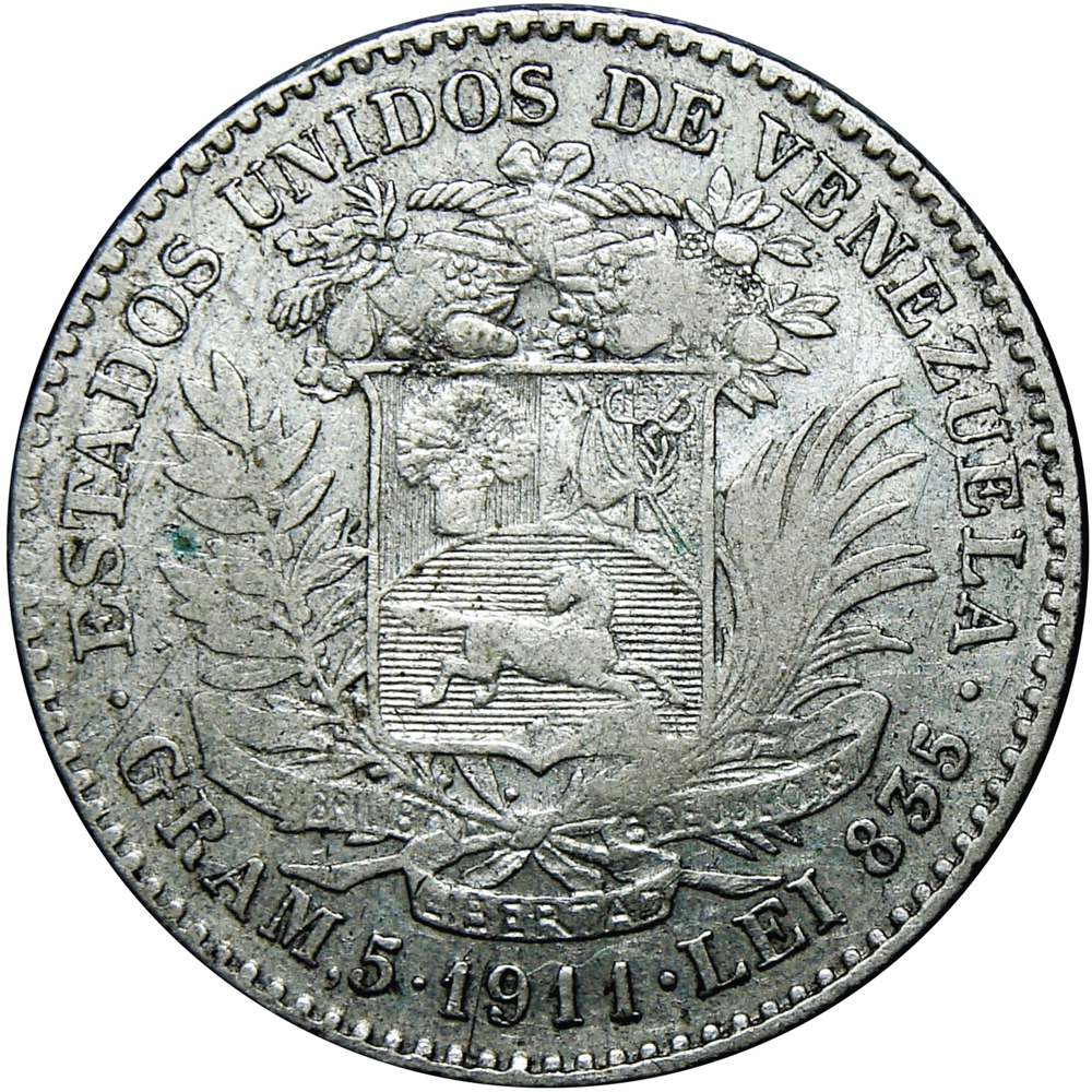 Moneda de Plata 1 Bolívar 1911 - 1er 1 y 9 Cercanos - Numisfila