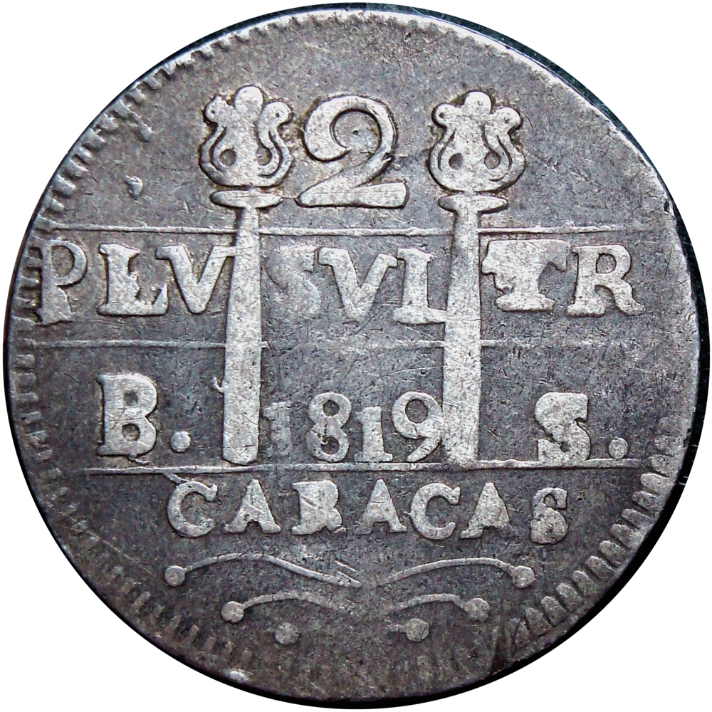 Moneda Caracas 2 Reales 1819 León Castillo B. S. Morillera  - Numisfila