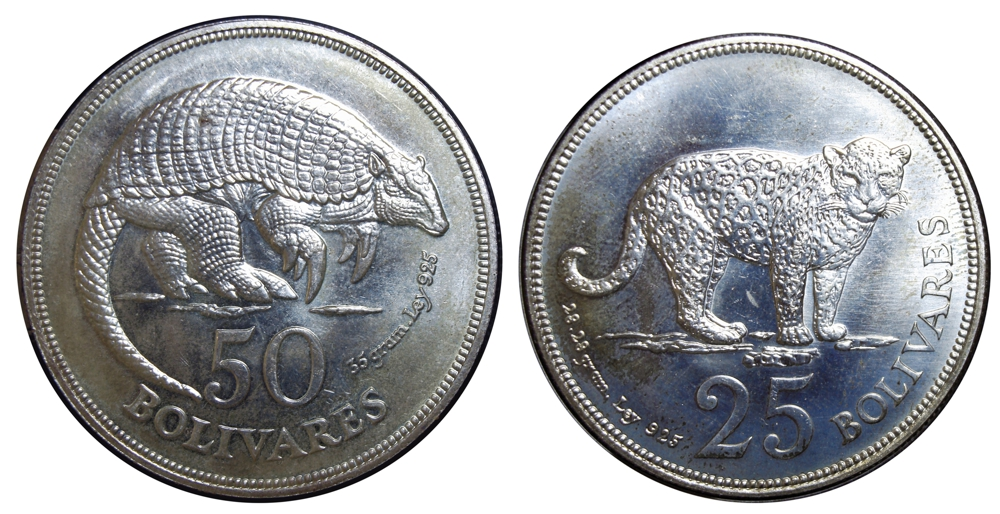 Cachicamo y Jaguar 1975 Monedas 50 y 25 Bolívares - Pareja de Fauna  - Numisfila