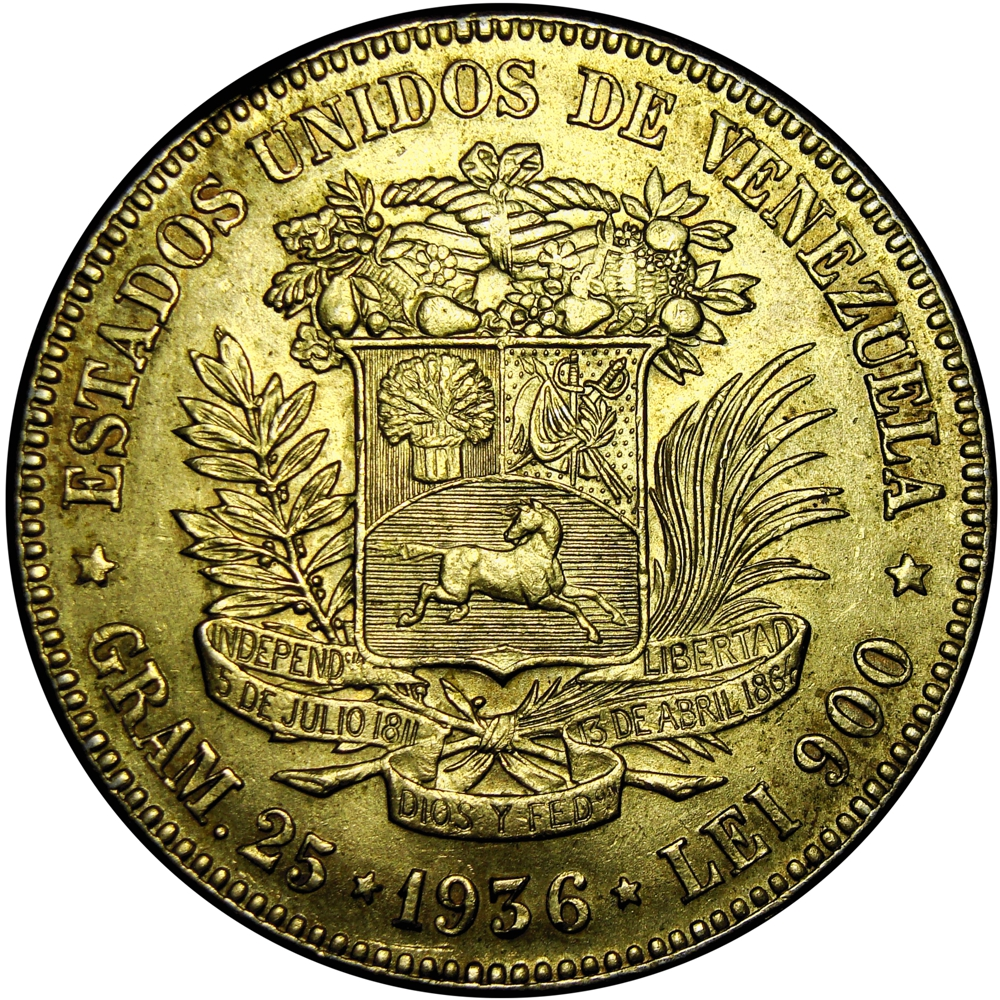 Fuerte Dorado Moneda de Plata 5 Bolívares 1936 Fecha Ancha - Numisfila