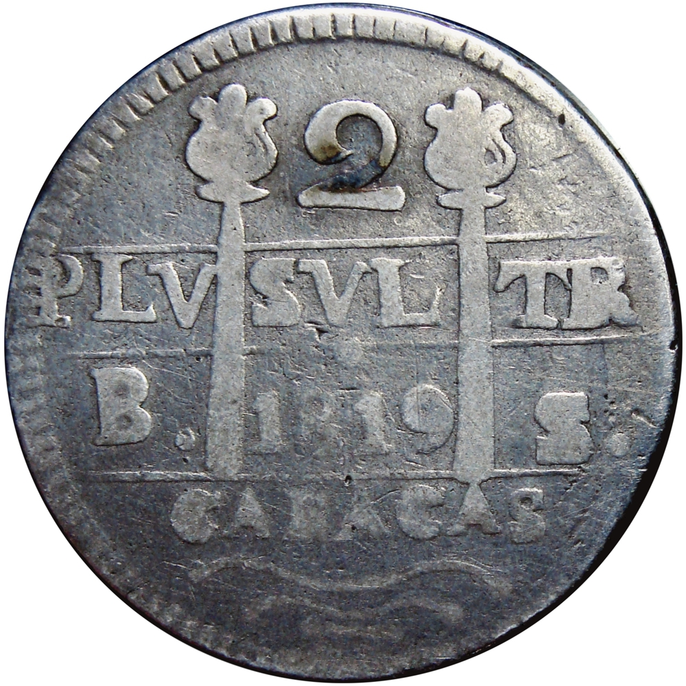 Moneda Caracas 2 Reales 1819 León Castillo B. S. Morillera  - Numisfila